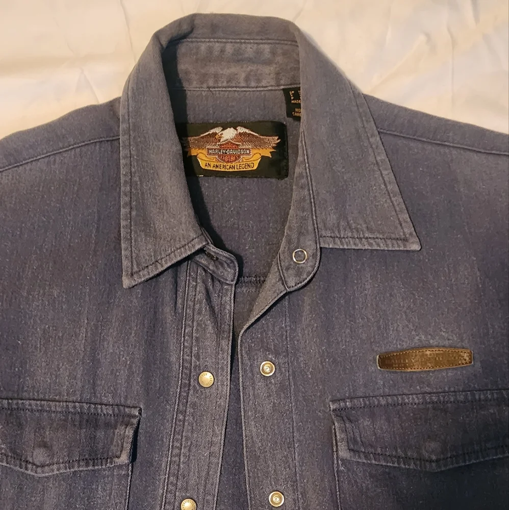Harley-Davidson denim shorts sleeve press stud top - Picture 7 of 7